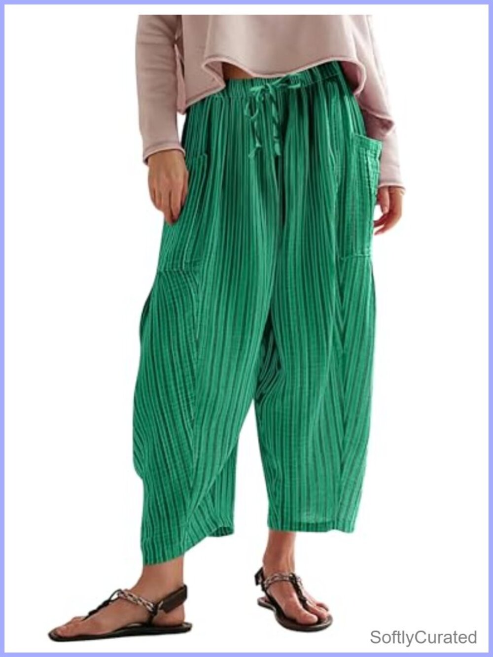 Womens Cotton Striped Harem Pants Wide Leg Drawstring Palazzo
